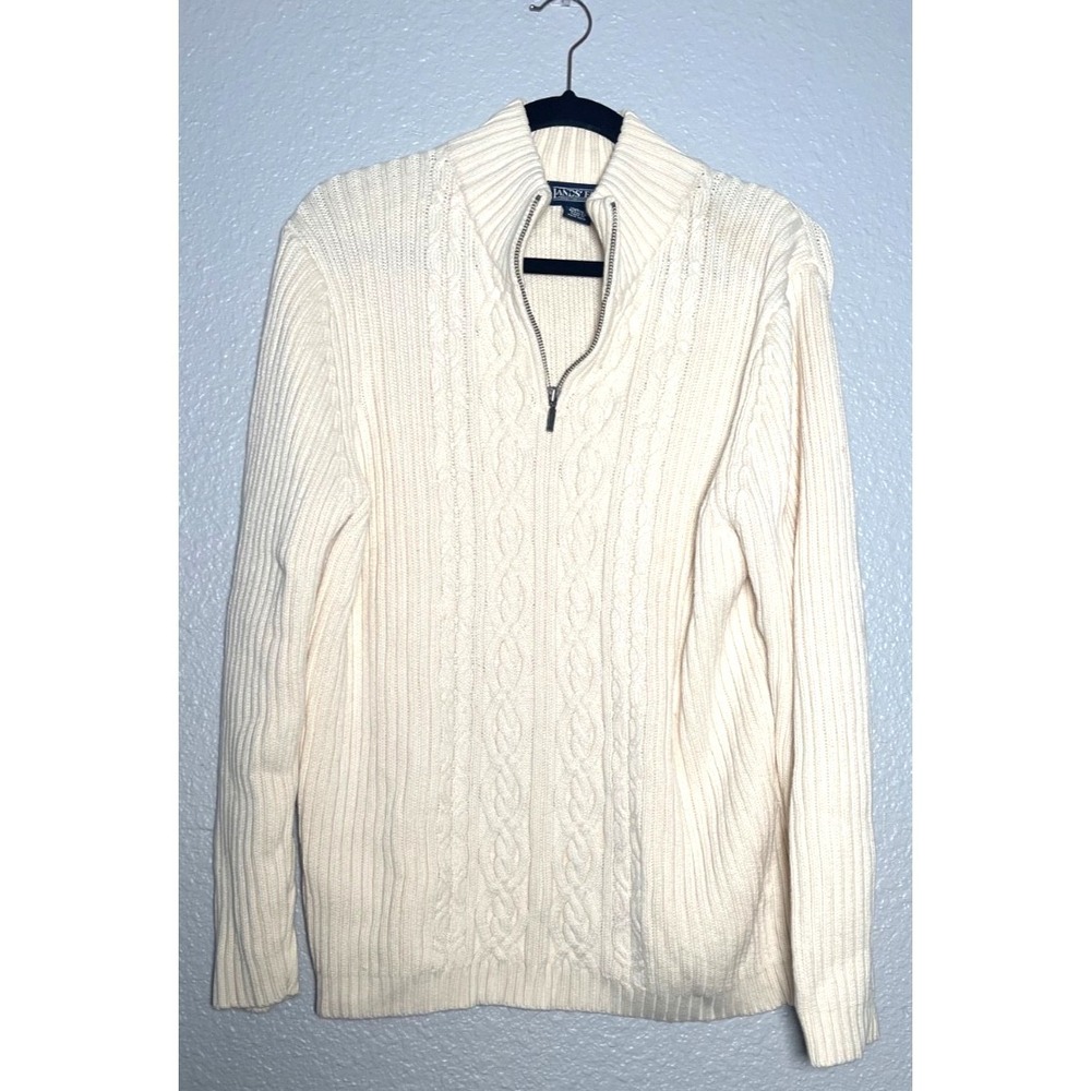 Vintage Lands End 1/4 Zip Cable Knit Sweater Womens Large Cream Pullover Cottage